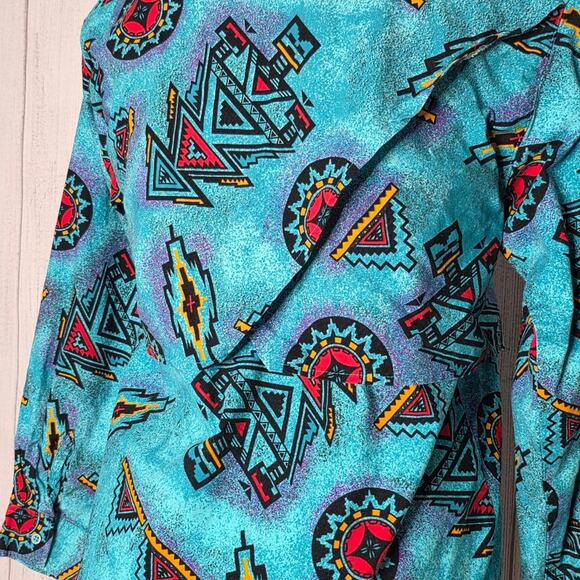 VTG 80s Wrangler Teal/Multicolor Aztec Western Button Up, size Medium - Picture 8 of 9
